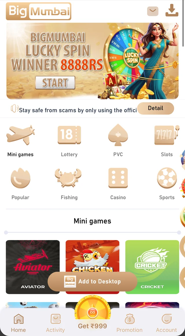 Big Mumbai app home screen showing Aviator promotion and game categories