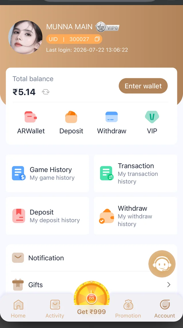 Big Mumbai wallet screen showing balance, deposit and withdraw options