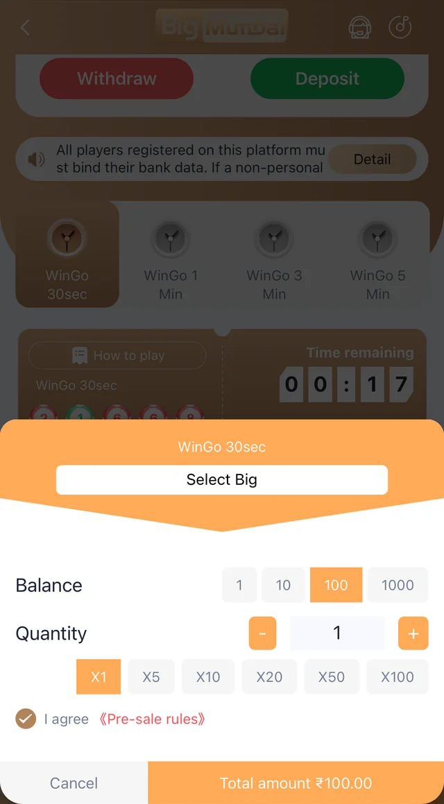 Big Mumbai Win Go colour prediction game screen